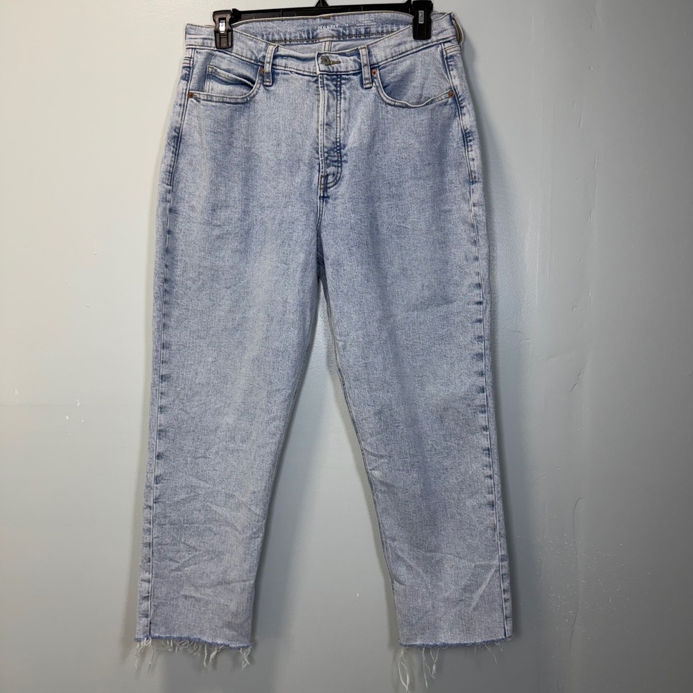 Old Navy Curvy Sky-Hi Straight Jeans Womens 14 Light Wash Button Fly Raw Hem